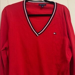 Tommy Hilfiger Red V-Neck Sweater with Logo